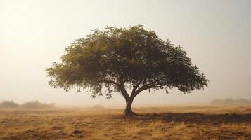 Solitary tree standing in a misty field at dawn, surrounded by golden grass and soft light illuminating the landscape photo