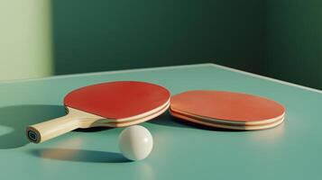 Table tennis paddles and a ball resting on a teal surface in a minimalistic indoor setting during daylight photo