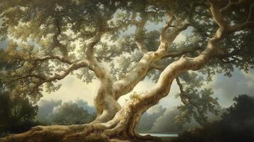 Majestic oak tree stands proudly in a serene landscape at dawn, showcasing its sprawling branches and textured bark photo