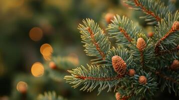 Close-up of evergreen tree branches adorned with pine cones amidst glowing lights during festive season in a winter setting photo