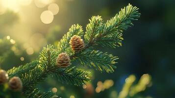 Sunlight filters through evergreen branches adorned with pine cones, creating a serene forest atmosphere during late afternoon photo