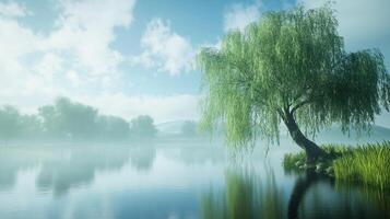 A serene morning by the lake with a willow tree reflecting in calm waters surrounded by mist and greenery photo