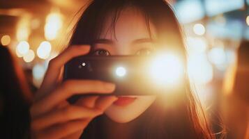 A woman takes a close-up photo with a smartphone camera in a vibrant, illuminated setting at night