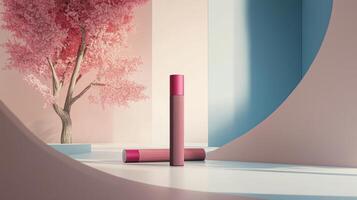 Stylish beauty product displayed in a minimalist setting with pastel colors and a vibrant tree during daylight photo
