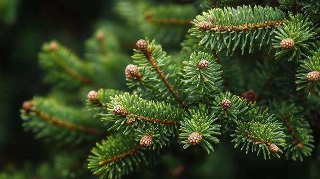 Close-up view of evergreen tree branches with developing cones in a lush forest setting during springtime photo