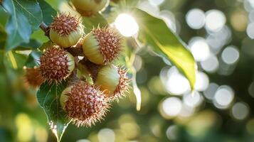 Close-up of spiky seed pods on a tree branch with soft sunlight filtering through leaves in a tranquil outdoor setting photo