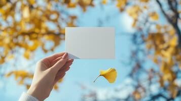 A hand holds a blank card against a backdrop of autumn leaves in a serene outdoor setting during a sunny afternoon photo