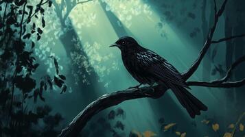 A solitary black bird perched on a branch in a sunlit forest, surrounded by dappled light and greenery during the early morning hours photo