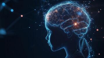 Illuminated brain illustration representing cognitive processes in a child's mind against a dark background photo