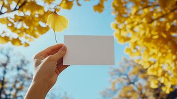 A hand holds a blank card against a backdrop of vibrant yellow leaves in a sunny autumn setting photo