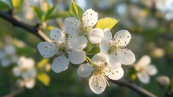 Delicate white cherry blossoms bloom on a branch in spring sunlight, creating a serene atmosphere in the garden photo