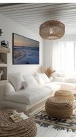 Cozy modern living room with natural decor, soft lighting, and ocean view artwork during daylight hours photo