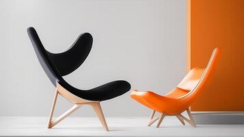 Modern chairs in contrasting colors showcased in a minimalist interior with white and orange walls photo