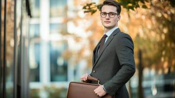 Young professional in a business suit holding a briefcase against a backdrop of autumn foliage in the city photo