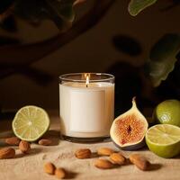 A scented candle surrounded by figs, almonds, and citrus fruits on a rustic table in a cozy, dimly lit space photo