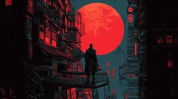 A lone figure stands on a balcony overlooking a cityscape at dusk, illuminated by a large red sun and neon lights photo