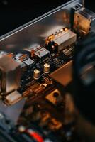 Computer part circuit board close up photo