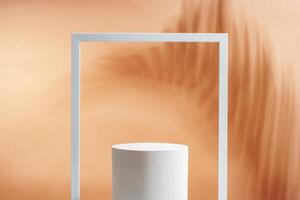 Minimalistic display of a white cylindrical object framed by a white rectangular border against a soft orange background photo