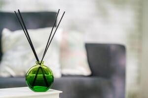 Aroma diffuser bottle with sticks in living room photo