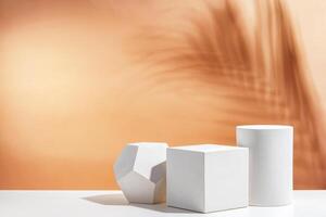 White geometric shapes arranged stylishly on a soft peach background in a minimalist setting photo