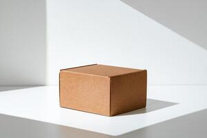 Simple brown cardboard box positioned on a white surface with soft angled shadows in natural light photo