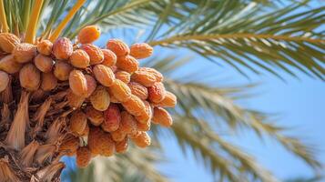 Ripening dates hanging from a palm tree under a clear blue sky in a warm tropical setting during late summer photo