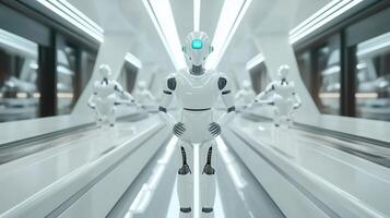 Robotic figures line a futuristic hallway in a high-tech facility, showcasing advanced engineering in a sleek, modern environment photo