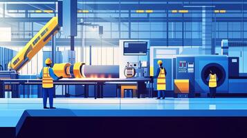 Workers in a large industrial facility engage in pipe processing while using modern technology and machinery during daylight hours photo
