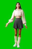 A woman is standing on a green screen backdrop, wearing a skirt and sweater. She appears poised and looking directly at the camera. photo