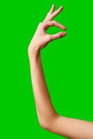 A womans hand extends upward into the air, fingers outstretched, reaching upward towards an unseen destination. photo