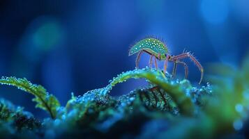 Detailed close-up of a vibrant spider on lush greenery in a misty forest during twilight hours photo