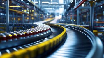 Bending conveyor belt transporting packages in a modern automated warehouse during daylight hours photo
