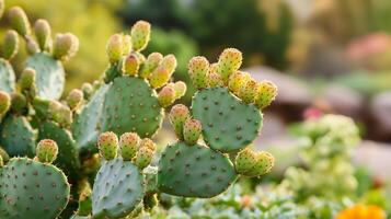 Cacti with growing pads thrive in a vibrant garden setting during warm sunlight, showcasing nature's resilience and beauty photo