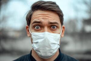 Portrait man in medical mask. Young man stands on light background and looking at camera. COVID-19 Pandemic Coronavirus. photo