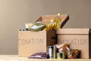 Donation box with various food. Pandemic support. photo