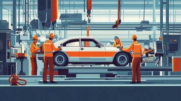 Automobile assembly line workers collaborating on car production in a modern factory setting photo