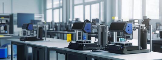 Modern 3D printing workshop showcasing multiple printers in a well-lit industrial setting during daytime photo