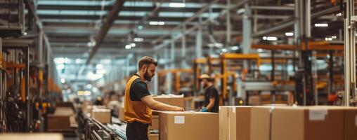 Warehouse worker organizing packages during a busy operation in a large distribution center in daylight photo