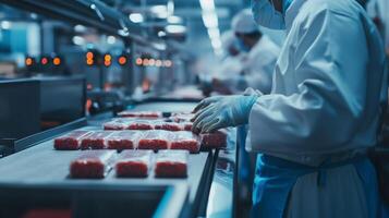 Workers process raw meat in a food processing facility during the daytime, focusing on quality and efficiency in production photo