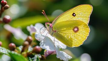 A vibrant yellow butterfly perched delicately on a blooming white flower in the lush greenery of a sunny garden during spring photo