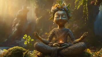 A serene figure made of natural elements practices meditation in a vibrant forest setting during a mystical sunrise photo