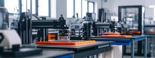 Modern manufacturing setup featuring multiple 3D printers in a well-lit workshop with equipment on display photo