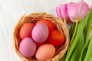 Easter composition with tulips and basket of painted eggs photo