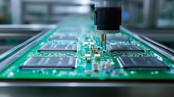 Automated robotic arm assembling microchips on a circuit board in a high-tech manufacturing facility during daytime production photo