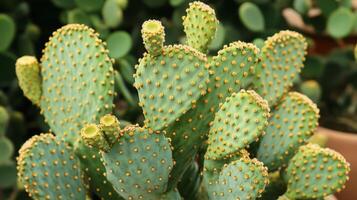 A close-up view of a vibrant green prickly pear cactus with bright yellow spines in a sunny garden setting during summer photo