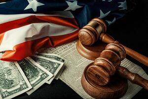 Wooden judge mallet with Dollars notes on the USA flag with Declaration of Independence photo