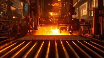 Bright sparks erupt from machinery in an industrial setting during evening hours in a manufacturing facility photo