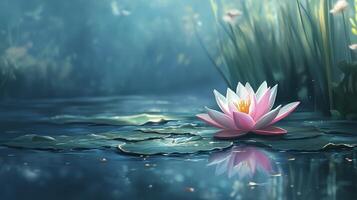 A serene pink lotus flower on a tranquil pond surrounded by green lily pads illuminated by soft sunlight photo