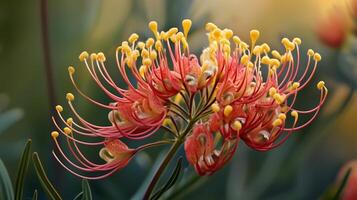 A striking grevillea flower blooms with vibrant red and yellow colors, showcasing intricate details during a sunny afternoon in a garden photo