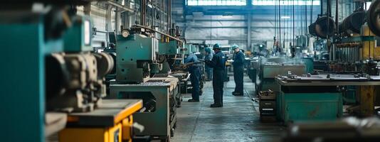 Workers engaged in metal fabrication within a spacious industrial workshop during the daytime, showcasing machinery and equipment in action photo